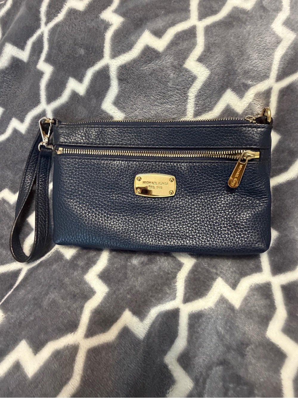 Michael Kors Navy Pebbled Leather Wristlet with Gold Hardware